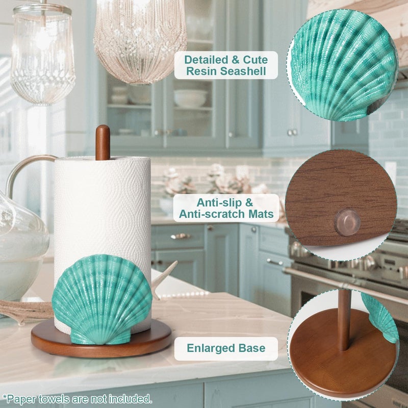 YLOVAN Seashell Paper Towel Holder - Teal Kitchen Beach House Decor Ocean Themed Decor Coastal Gifts for Women Cute Counter Paper Towel Holder Stand Wood Unique Funny Nautical Countertop Decorative Sea Shell - Image 4